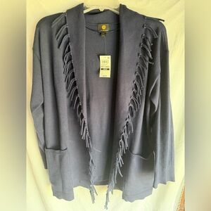 JM Collection Core Cardigan PM Navy Open Front With Pockets fringe in front NWT